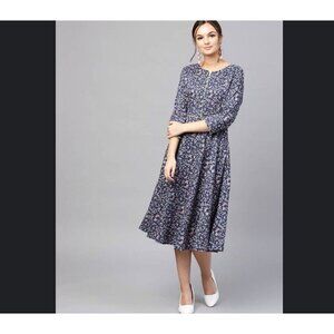 SASSAFRAS Navy Blue & Pink Floral  Cotton Fit & Flare Dress Size XL  Cottagecore